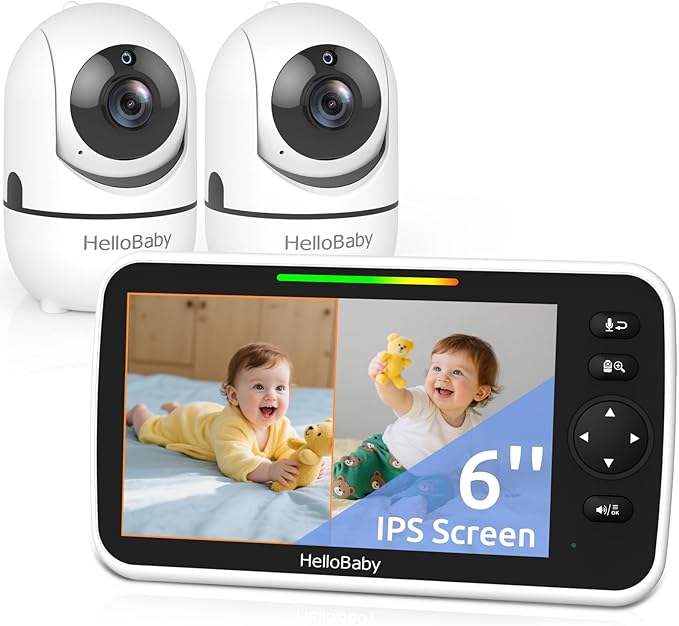 HelloBaby Baby Monitor 2 Cameras, 6'' World First IPS Split-Screen 30H Battery, No WiFi 2-Way Audio, Video, VOX, Double Cameras Pan-Tilt-Zoom, Night Vision, 8 Lullabies, 1000ft for Twins-BubblyBeeBaby