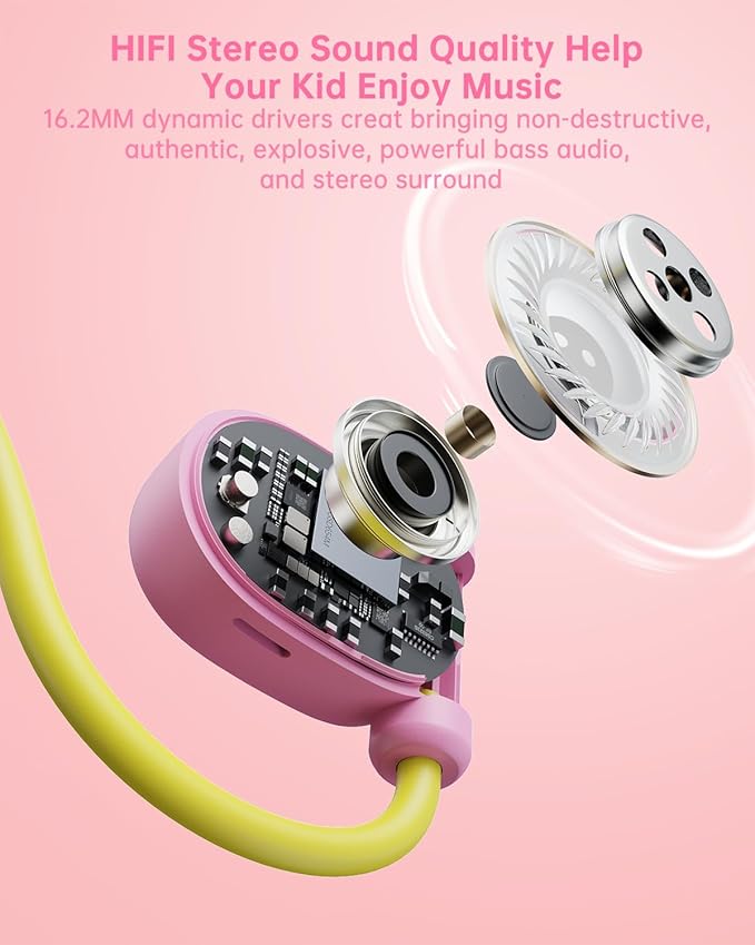 Kid Headphones for School, Air Conduction Open Ear Headphones, 3.5mm Jack Wired Cord, Ultra-Comfort, Ergonomic and Lightweight Design Perfect for School and Outdoor Activities-Yellow Pink-BubblyBeeBaby