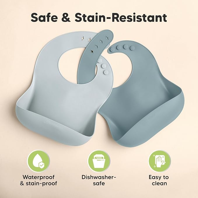KeaBabies 2-Pack Silicone Baby Bibs for Eating - Sturdy Food-Grade Silicone Bibs for Babies Girl, Boy, Large Food Catcher, Clean & Put On Easily, Waterproof Toddler Feeding Essentials (Alps)-BubblyBeeBaby