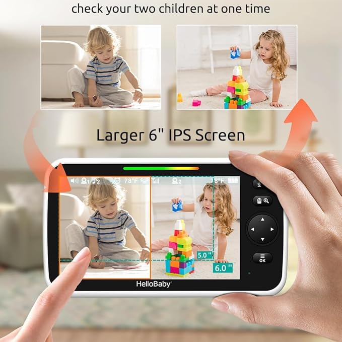 HelloBaby Baby Monitor 2 Cameras, 6'' World First IPS Split-Screen 30H Battery, No WiFi 2-Way Audio, Video, VOX, Double Cameras Pan-Tilt-Zoom, Night Vision, 8 Lullabies, 1000ft for Twins-BubblyBeeBaby