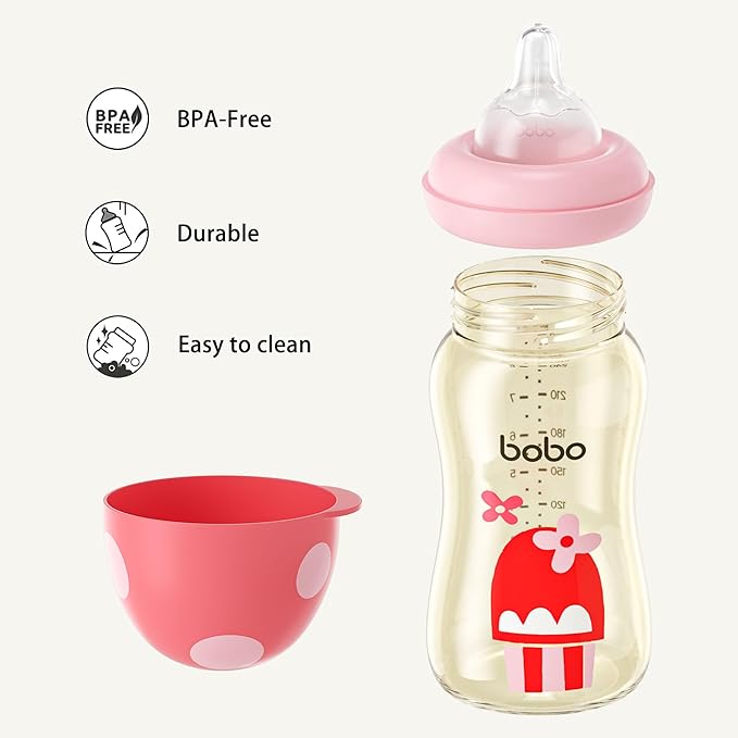 YOHKOH PPSU Baby Bottle Wide Neck, Newborn Anti-Colic Baby Bottle with Natural Response Nipple, Streamlined Body, Easy to Clean (8.8oz (Pack of 2), Red)-BubblyBeeBaby