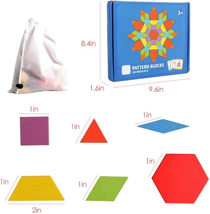 JCREN Wooden Pattern Blocks Montessori Toys Shape Puzzles Kindergarten Classic Educational Tangram Geometric Brain Teaser Toys Best STEM for Kids Ages 4-8 with 24 Pcs Design Cards-BubblyBeeBaby