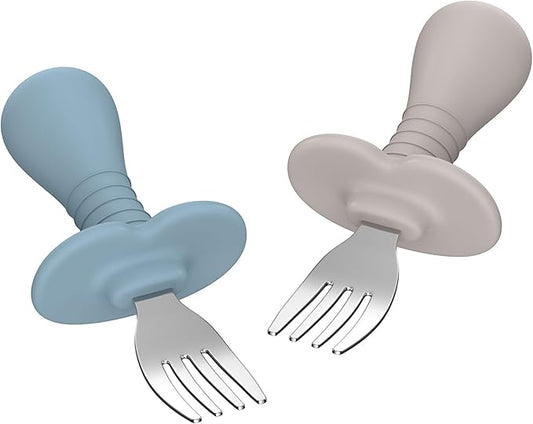 2 Pcs Baby Forks Toddler Forks for Self Feeding, Kids Forks with Silicone Round Handle, Stainless Steel Toddler Utensils Children Safe Silverware Set, Anti-Choke Design, BPA Free-BubblyBeeBaby