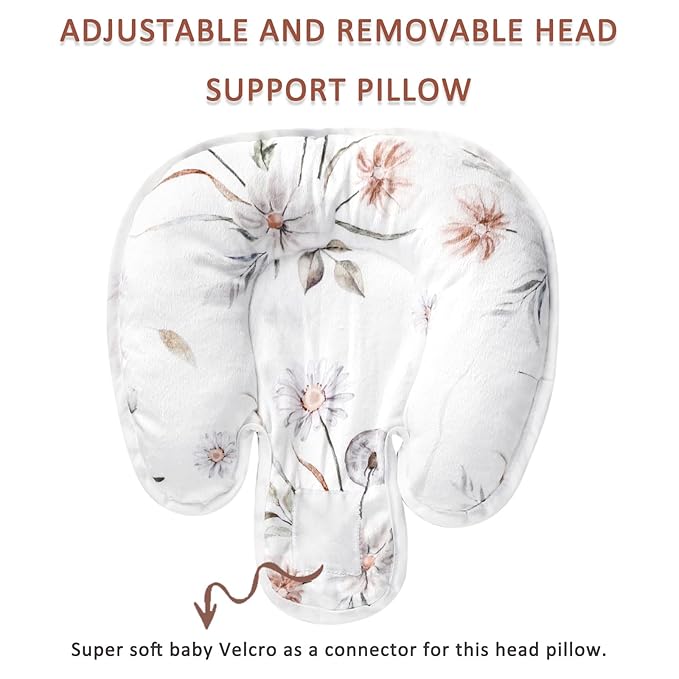 2 in 1 Infant Car Seat Insert, Car Seat Head Support Baby Girls Boys, Soft Newborn Carseat Insert Cushion, Perfect for Carseats, Strollers, Swings (White Flower)-BubblyBeeBaby