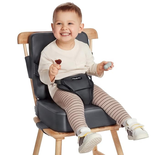 HOMEAL Booster Seat for Kitchen Chair, Breathable Toddler Booster Seat for Dining Table with Backrest and Adjustable Straps, Portable Travel Toddler Booster Seat, Dark Grey-BubblyBeeBaby