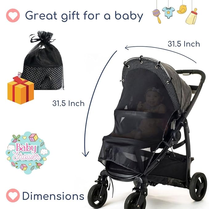 Stroller Sun Shade - Universal UV Protection Cover for Strollers Sunshade with See Through, Clip-On Sun Blocker, Sun Shield for Baby, Breathable Adjustable Fit, Full Coverage, X-Large-BubblyBeeBaby