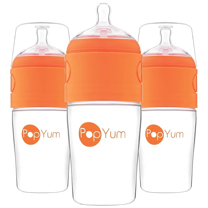 PopYum 9 oz Orange Anti-Colic Formula Making/Mixing/Dispenser Baby Bottles, 3-Pack with #2 Medium Flow Nipples, 260 ml, BPA-Free, Natural Latch-BubblyBeeBaby