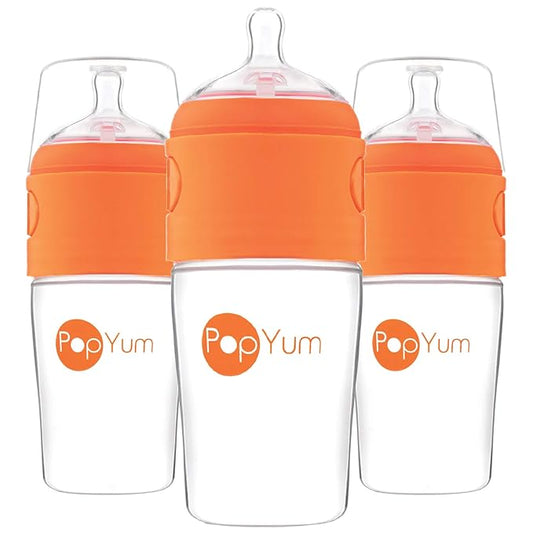 PopYum 9 oz Orange Anti-Colic Formula Making/Mixing/Dispenser Baby Bottles, 3-Pack with #2 Medium Flow Nipples, 260 ml, BPA-Free, Natural Latch-BubblyBeeBaby