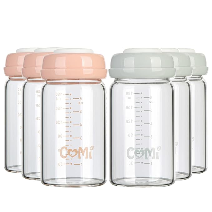 COMI Wide Neck Glass Breastmilk Collection n Storage Bottle, 4 Packs, 6oz with Screw Ring Sealing Disk; Re-markable Sealing Disc. BPA Free, Fits Breast Pumps & Nipples (3 Gray Lids + 3 Pink Lids)-BubblyBeeBaby