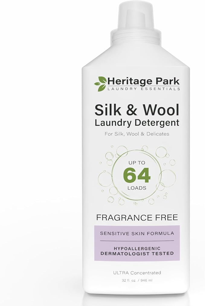 Heritage Park Silk & Wool Fragrance Free, Hypoallergenic, pH-Neutral Laundry Detergent – Dermatologist-tested, Sensitive Skin-Friendly, Enzyme-Free, Concentrated Up to 64 loads (32 fl oz)-BubblyBeeBaby