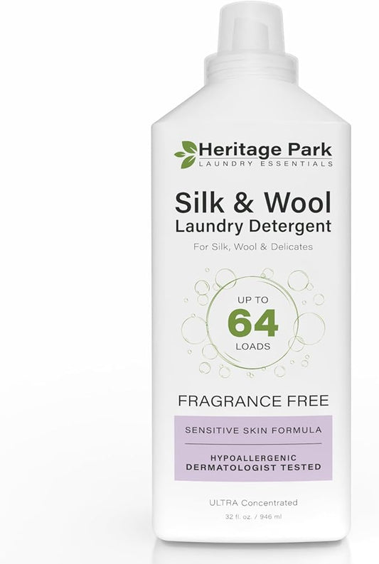 Heritage Park Silk & Wool Fragrance Free, Hypoallergenic, pH-Neutral Laundry Detergent – Dermatologist-tested, Sensitive Skin-Friendly, Enzyme-Free, Concentrated Up to 64 loads (32 fl oz)-BubblyBeeBaby