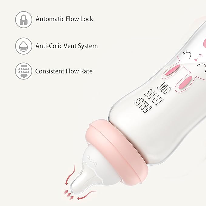 YOHKOH Natural Glass Baby Bottle with Natural Response Nipple, Newborn Anti-Colic Baby Bottles, Wide Neck Mushroom Cap Baby Bottle, Clear ((8.8oz (Pack of 4), Purple-A)-BubblyBeeBaby