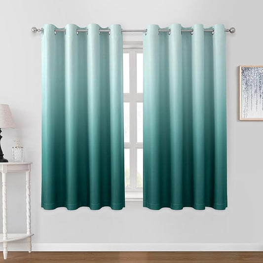HOMEIDEAS Teal Ombre Blackout Curtains 52 X 63 Inch Length Gradient Room Darkening Thermal Insulated Energy Saving Grommet 2 Panels Window Drapes for Living Room, Bedroom-BubblyBeeBaby