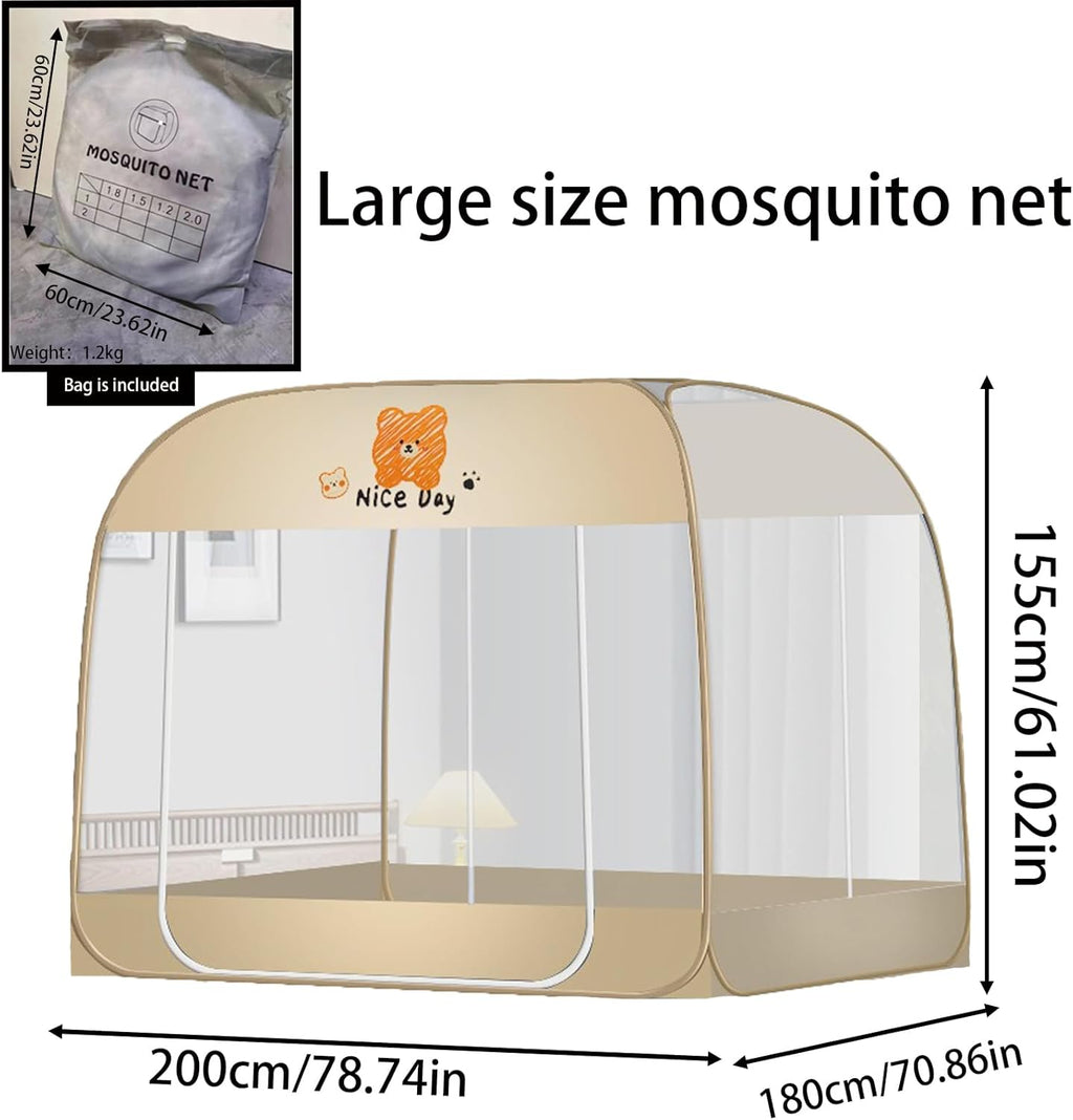 CMINGJ Mosquito Net for Bed, Portable pop up Mosquito Netting with Bottom, Free Installation-Suitable for Bedroom, Camping, Folding Portable Design for Baby Adults (Orange Bear) L79 x W71 x H61