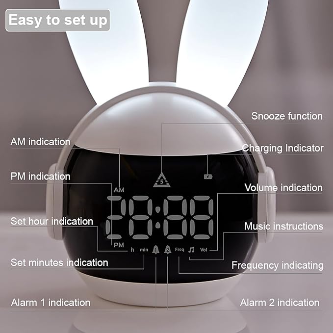 Kids Alarm Clock for Kids, Bunny Alarm Clocks for Girls Boys, White Kid Alarm Clock with Ringtones & Night Light Rechargeable Snoozing-BubblyBeeBaby