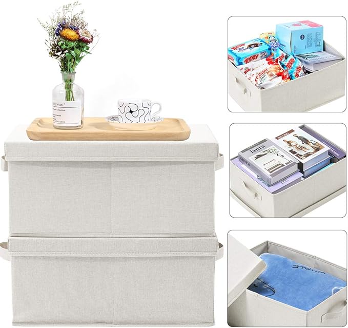 HOONEX Foldable Storage Bins with Lids, 2 Pack, Storage Boxes with Carrying Handles and Sturdy Heavy Cardboard, 16.5" L x 11.8" W x 7.5" H for Shoes, Books, Clothes, Linens, Beige-BubblyBeeBaby