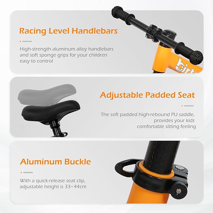 12" Balance Bike for 2, 3, 4, 5 Year Old Boys and Girls, Lightweight Nylon Frame Toddler Training Bike No Pedal Bikes for Kids with Adjustable Seat and Air Tires-BubblyBeeBaby