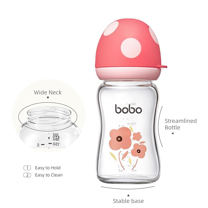 YOHKOH Natural Glass Baby Bottle with Natural Response Nipple, Newborn Anti-Colic Baby Bottles, Wide Neck Mushroom Cap Baby Bottle, Clear ((5.4oz (Pack of 4), Red-1)-BubblyBeeBaby
