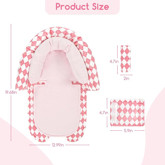 Baby Car Seat Head Support for Newborn, GFU 2 in 1 Infant Car Seat Head Body Support with Strap Pads, Soft Stroller Cushion Pillow Insert for Girls, Fits for Stroller, Swing, Pink-BubblyBeeBaby