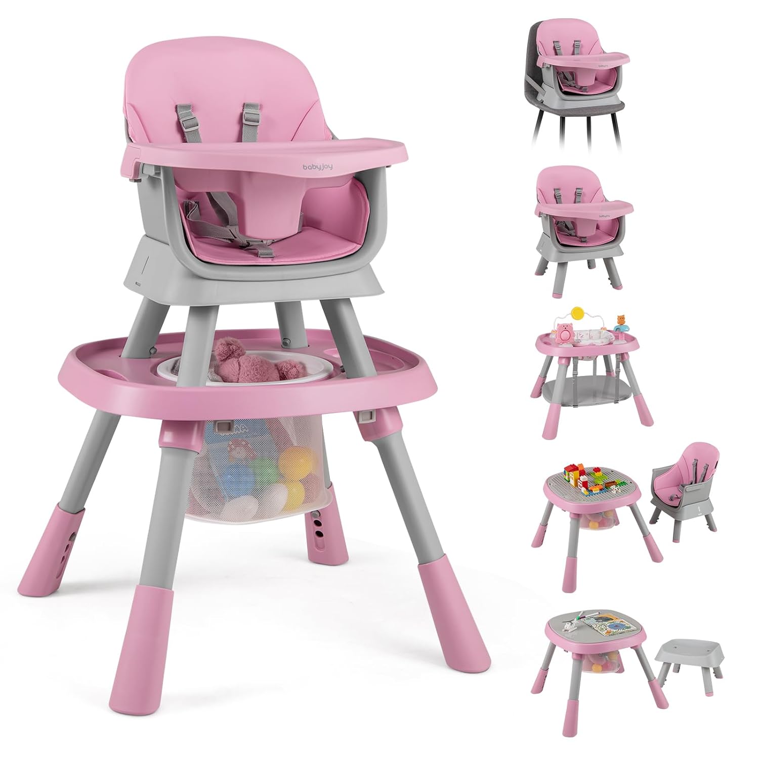 BABY JOY 16 in 1 High Chair, Convertible Baby Highchair for Babies and Toddlers with Activity Center, Booster Seat, Building Block Table, Toddler Chair with Safety Harness, Removable Tray (Pink)