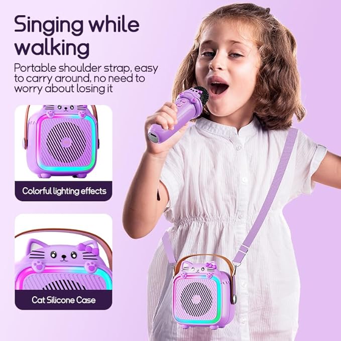 Karaoke Machine with 2 Wireless Microphones for Kids Adults,Portable Bluetooth Speaker Girls Toddlers Toy Gift for Aged 3-12 Year Birthday Parties Christmas Party - Purple-BubblyBeeBaby