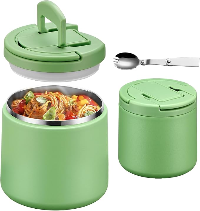 20oz Insulated Vacuum Food Jar with Buckle Lid,Soup Thermo for Hot Food Kids,Wide Mouth Leakproof Stainless Steel Lunch Container with Spoon-Green-BubblyBeeBaby