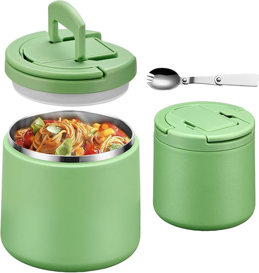 20oz Insulated Vacuum Food Jar with Buckle Lid,Soup Thermo for Hot Food Kids,Wide Mouth Leakproof Stainless Steel Lunch Container with Spoon-Green-BubblyBeeBaby