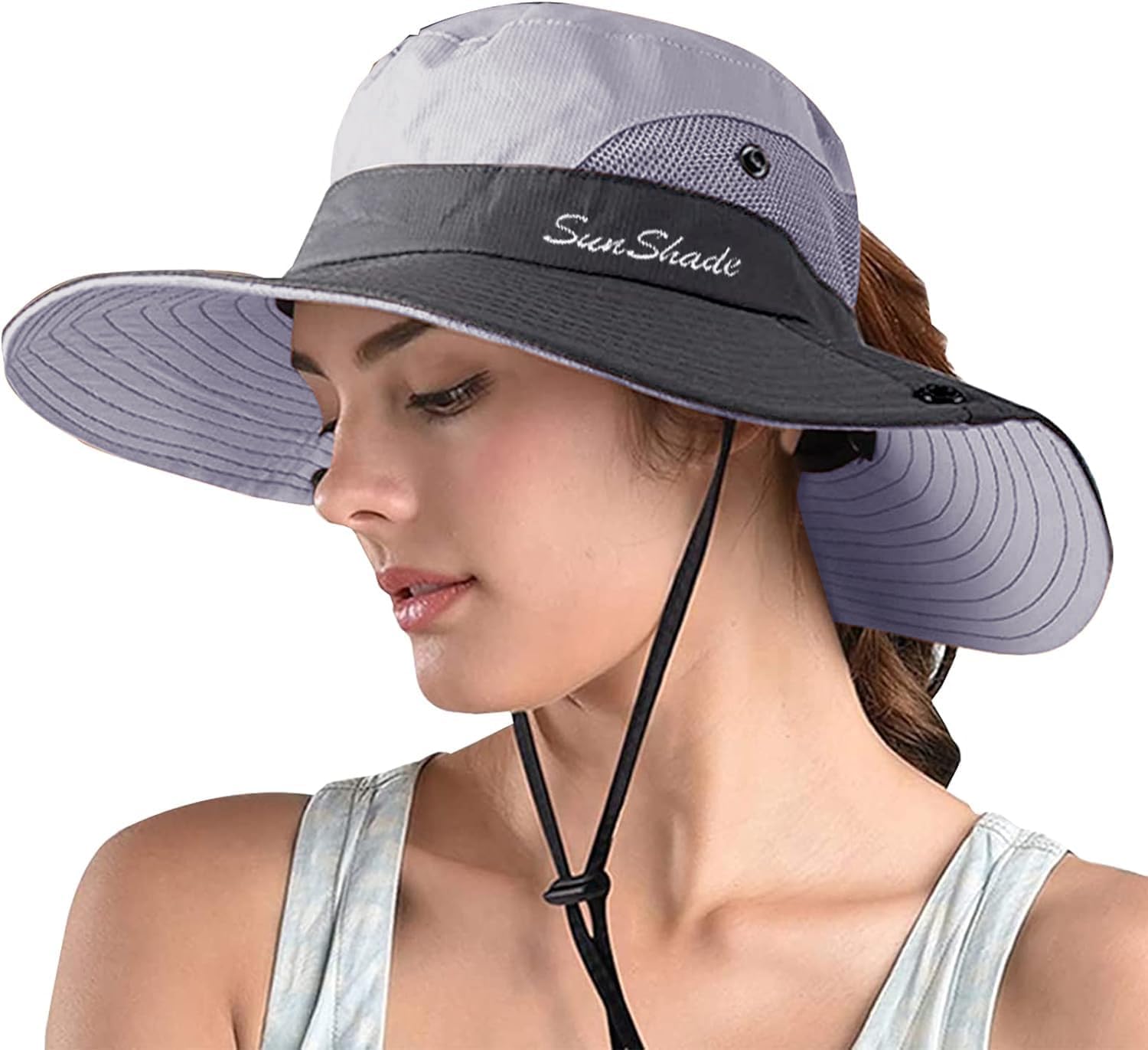 ZOORON Women's Ponytail Safari Sun Hat,Wide Brim UV Protection Outdoor Bucket Hat,Foldable Beach Summer Fishing Hat