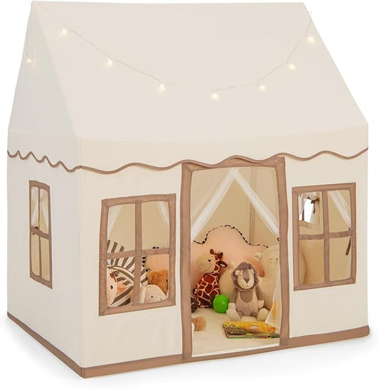 INFANS Kids Play Tent with Washable Mat Star Light Windows, Anti-Trip Large Playhouse Toys for Children Boys Girls, Indoor Outdoor Princess Tents Castle for Toddlers (Beige)-BubblyBeeBaby
