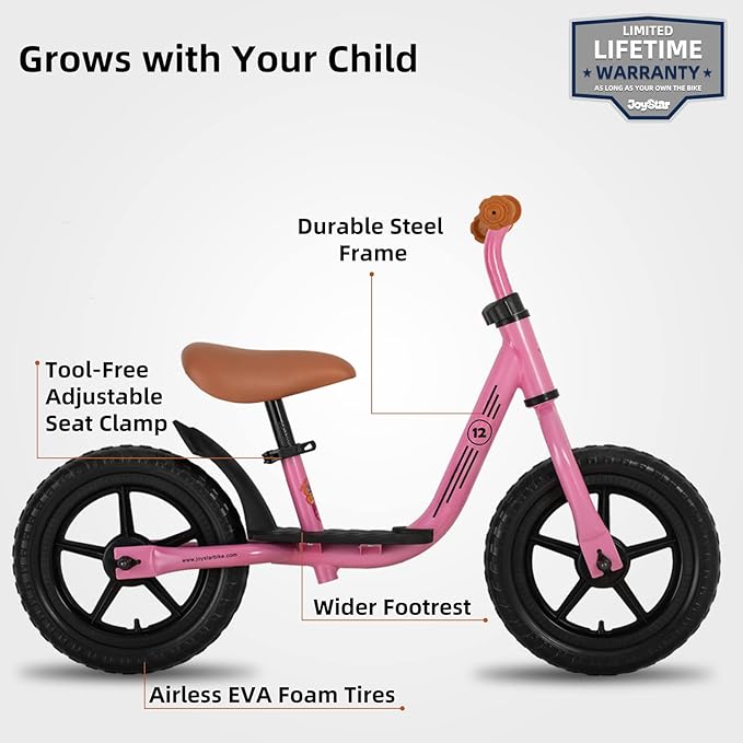 JOYSTAR 10"/12" Toddler Balance Bike for Girls & Boys, Ages 18 Months to 5 Years, Kids Push Bike with Footrest & Adjustable Seat Height, First Birthday Gifts for 2-5 Boys Girls-BubblyBeeBaby