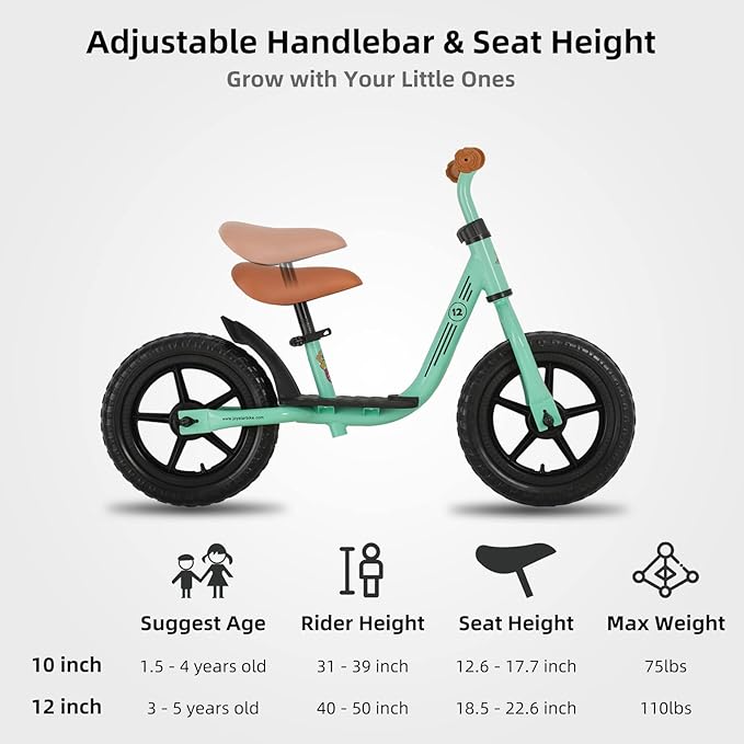JOYSTAR 10"/12" Toddler Balance Bike for Girls & Boys, Ages 18 Months to 5 Years, Kids Push Bike with Footrest & Adjustable Seat Height, First Birthday Gifts for 2-5 Boys Girls-BubblyBeeBaby