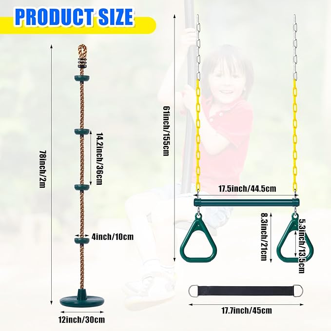 Hungdao 2 Set Gym Ring Trapeze Swing Bar and Climbing Rope with Platforms Disc Heavy Duty Coated Chains Seat Accessories for Outdoor Indoor Playground Backyard(Green)-BubblyBeeBaby