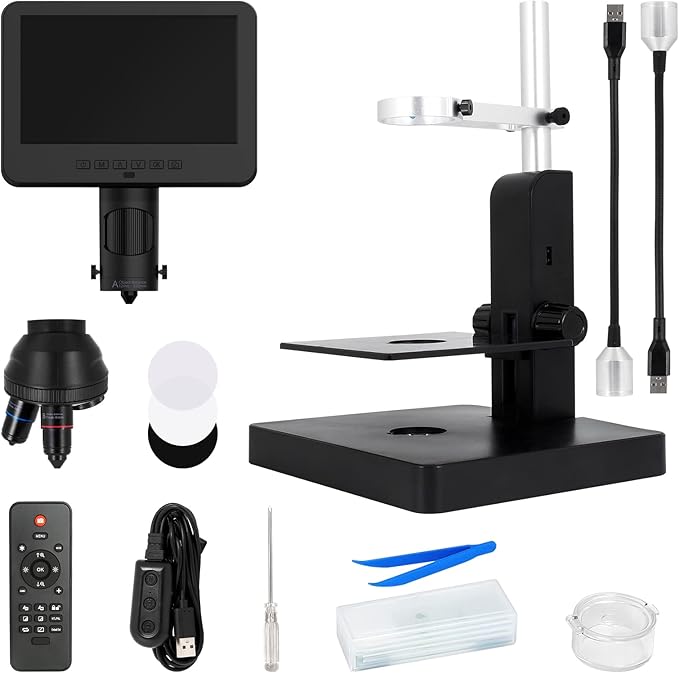 JL246P 3 Lens 7'' LCD Digital Microscope 1000X, Biological Microscope with Prepared Slides for Adults and Kids,12MP for Coin Microscope Full Coin View, 32G Card, Multiple Lights-BubblyBeeBaby