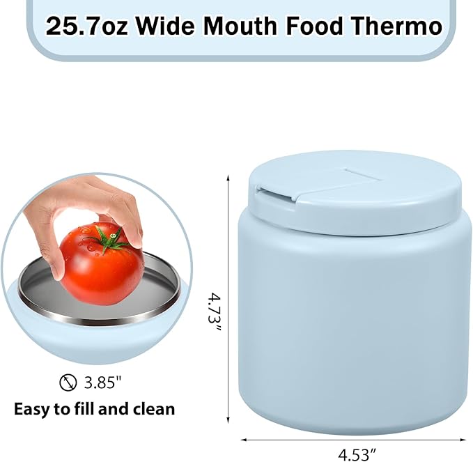 26oz Kids Thermos for Hot Food, Insulated Vacuum Food Jar with Buckle Lid, Stainless Steel Wide Mouth Leak Proof Insulated Lunch Container for School Picnic Travel, Blue-BubblyBeeBaby