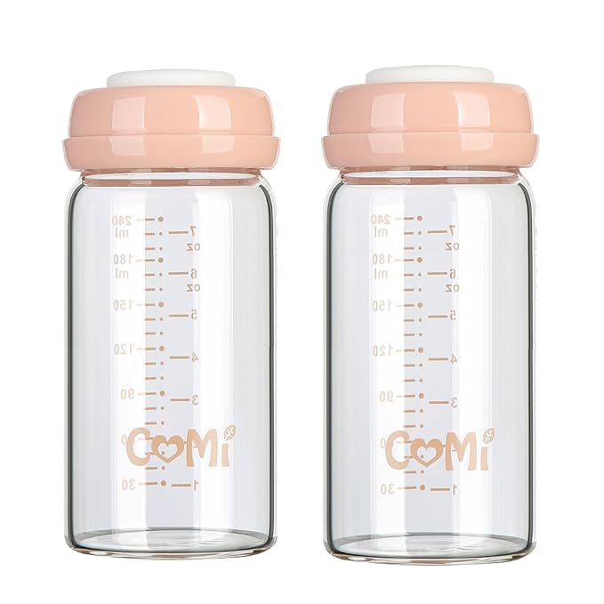 COMI Wide Neck Glass Breastmilk Collection n Storage Bottle, 8oz with Screw Ring Sealing Disk; Re-markable Sealing Disc. BPA Free, Fits Breast Pumps & Nipples (2 Pink Lids)-BubblyBeeBaby