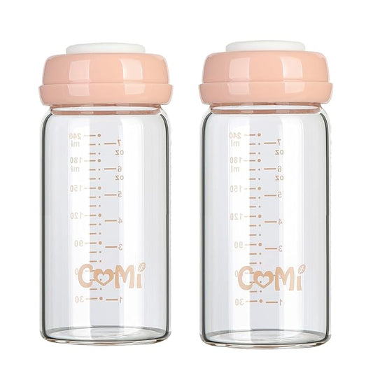 COMI Wide Neck Glass Breastmilk Collection n Storage Bottle, 8oz with Screw Ring Sealing Disk; Re-markable Sealing Disc. BPA Free, Fits Breast Pumps & Nipples (2 Pink Lids)-BubblyBeeBaby