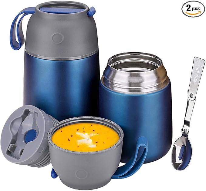 Insulated Thermo Food Jar for Hot & Cold Food for Kids Adult, 17&24 oz Soup Thermal Hot Food Containers for Lunch, Triple Layer Insulation Stainless Steel Food Jar with Spoon (2 Pack Blue)-BubblyBeeBaby
