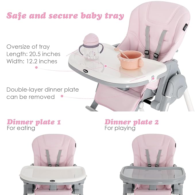 INFANS High Chair for Babies & Toddlers, Foldable Highchair with Multiple Adjustable Backrest, Footrest and Seat Height, Removable Tray, Detachable PU Leather Cushion, Built-in Rear Wheels (Pink)-BubblyBeeBaby