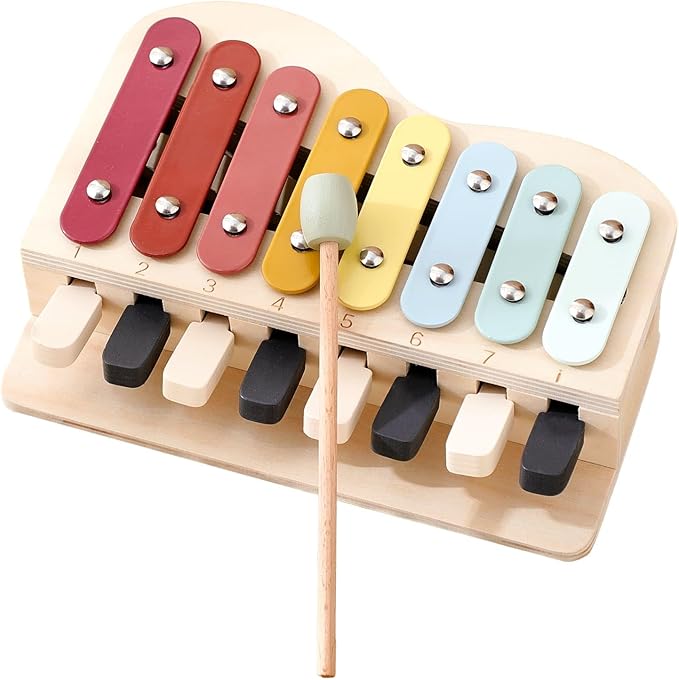 IEATFO 2-in-1 Piano Xylophone Wooden Musical Toy for Toddlers 1-3, Educational Musical Learning Instruments with 8 Colorful Keys, 5 Classic Song Sheets, Montessori Sensory Music Set for Girls Boys-BubblyBeeBaby