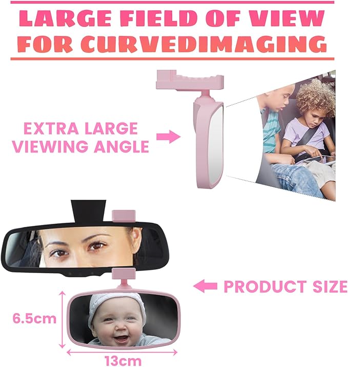 360-Degree Baby Car Mirror for Rear-Facing Seats,Kids Safety Mirrors with Tool-Free Installation,Kids Rear View Mirror BPA-Free Shatterproof & ASTM Certified (Adjustable 14"-22") (PINK)-BubblyBeeBaby