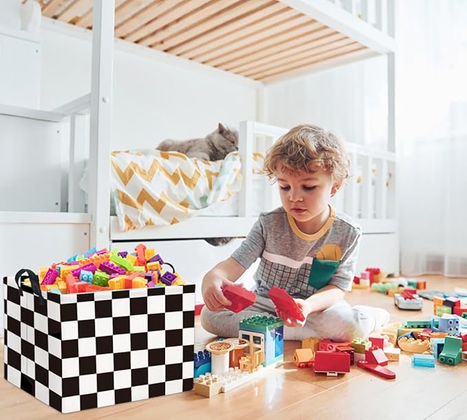 HIYAGON Rectangular Car Basket for Boys Checkered Basket Kids Baby Storage Bin Toy Organizer Box Car Room Decor(Racing Flag)-BubblyBeeBaby