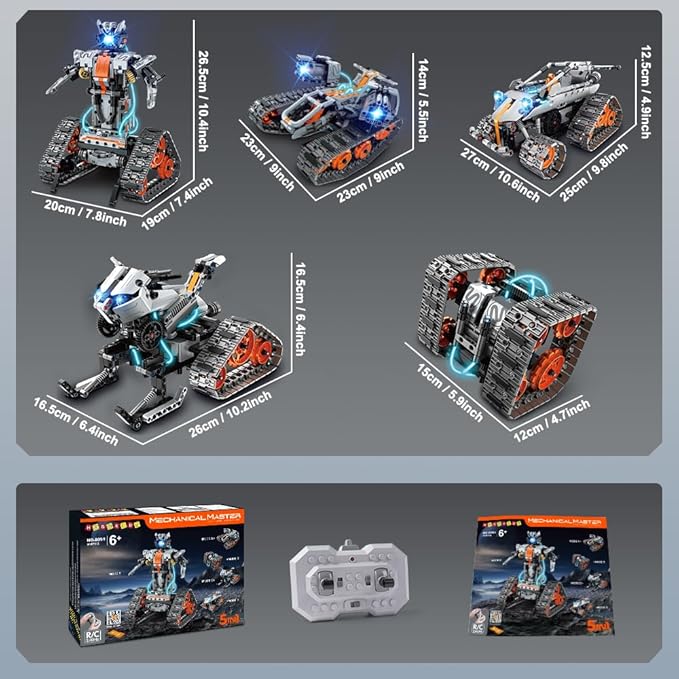 HOGOKIDS 5 in 1 STEM Building Set with LED Light - APP & Remote Controlled Cars Building Toys Kit, RC Robot Tank Sleigh Tracked Racer 604 PCS, Toy Gifts for Kids Boys Girls Ages 6 7 8 9 10 11 12+ Year-BubblyBeeBaby