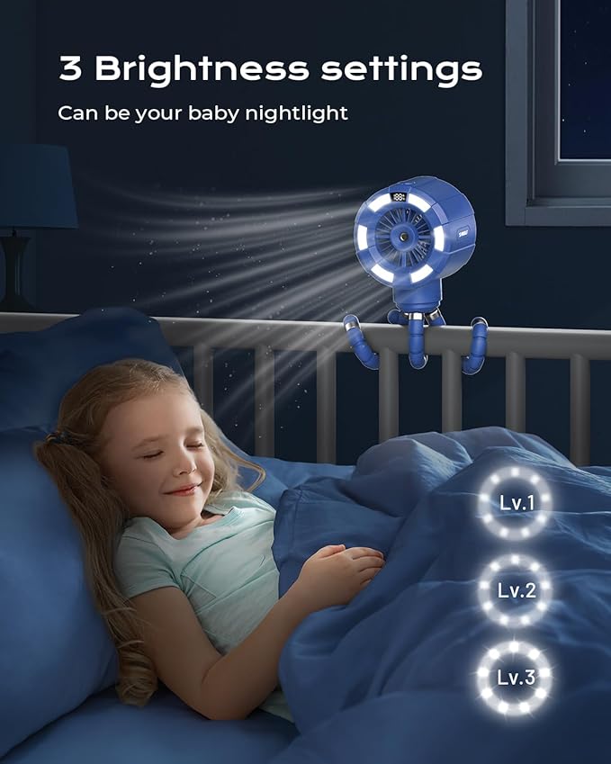 6000mAh Misting Fan for Stroller, 3 Speeds Portable Clip Fan with Intermittent/Continuous Spray, 14H Cooling, Detachable Mount, Timer & Night Light for Baby (100ML Water Tank)-Darblue-BubblyBeeBaby