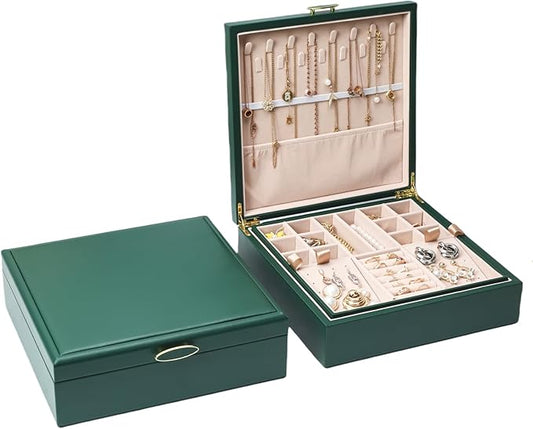 2-layer jewelry box，Jewelry Organizer with Handle，with hanging necklace hooks, detachable jewelry trays, suitable for storing a large amount of jewelry gift box (Large-Green)-BubblyBeeBaby