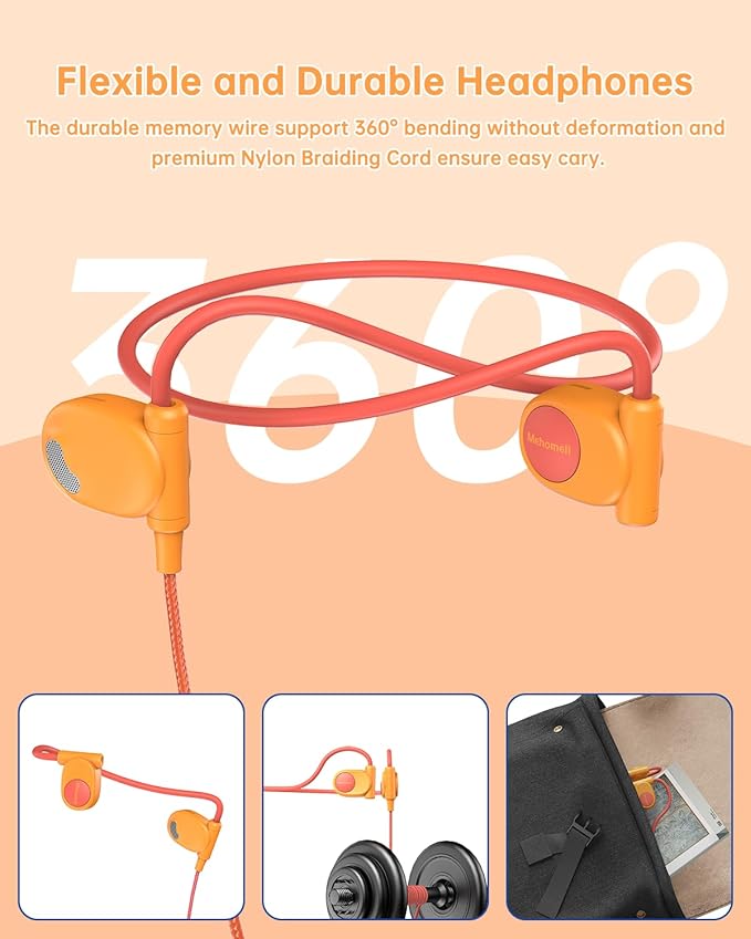 Kid Headphones for School, Air Conduction Open Ear Headphones, 3.5mm Jack Wired Cord, Ultra-Comfort, Ergonomic and Lightweight Design Perfect for School and Outdoor Activities-Orange-BubblyBeeBaby