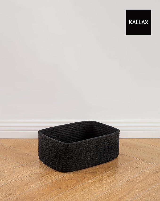 KALLAX Small Woven Basket, 13.5 x 9.5 x 5 Inches, Storage Basket for Organizing, Cute Small Rope Shelf Closet Cube Storage Bins Baskets for Shelves, Dog Toy Gift Baskets Empty, 3 Packs, Black-BubblyBeeBaby
