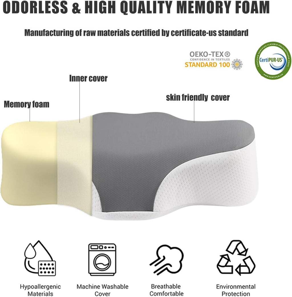 Bespilow Travel Pillow for Sleeping,Cervical Neck Support Pillow for Neck Pain Relief,Lightweight Ergonomic Memory Foam Camping Pillow,Portable Contour Pillows w/Travel Storage Bag,Cooling Cover