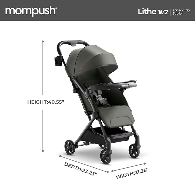 Mompush Lithe V2 Lightweight Travel Stroller, Compact Foldable Baby Stroller with Travel Bag, One-Hand Fold Stroller, Snack Tray, Mechanical Recline Seat, Airplane-Ready, UPF 50+ Canopy & Rain Cover-BubblyBeeBaby