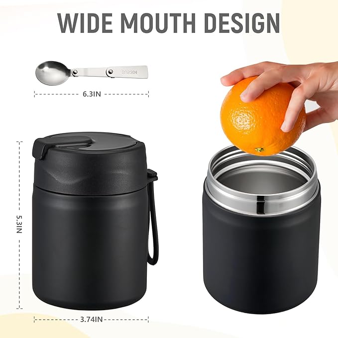 17oz Soup Thermo for Hot Food Kids Insulated Vacuum Food Jar with Stainless Steel Spoon Wide Mouth Thermo Leakproof Lunch Food Container Kids Hot Lunch Box (Black)-BubblyBeeBaby