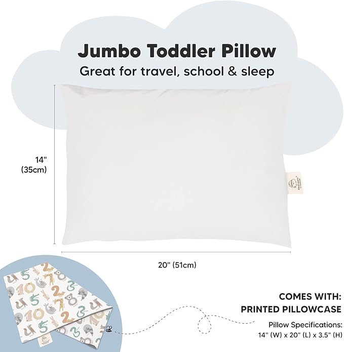 KeaBabies Toddler Pillow with Pillowcase, Jumbo 14X20 - Soft Organic Cotton Toddler Pillows for Sleeping - Machine Washable - Perfect for Travel, Toddler Bed Set (Wild Count)-BubblyBeeBaby